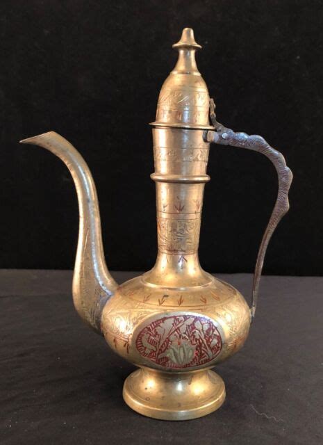 7 Inch Aftaba Etched Brass Ewer Pitcher Coffee Tea Pot India Vintage Ebay