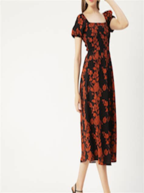 Buy Moomaya Square Neck Floral Printed Puff Sleeve Fit And Flare Midi