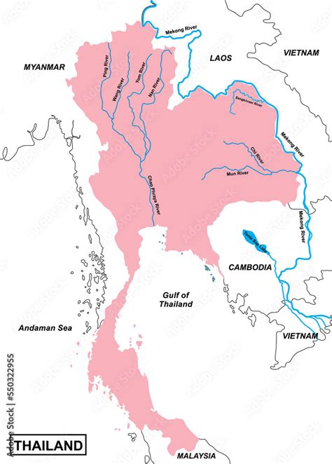 Map Of Thailand Includes Regions Mekong River Mun Chi Chao Phraya