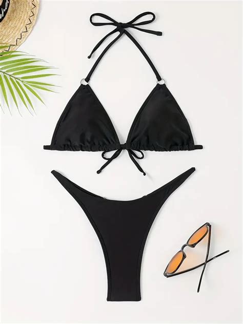 Black Halter Neck Bikini Sets Rhinestone Decor Tie Back Temu