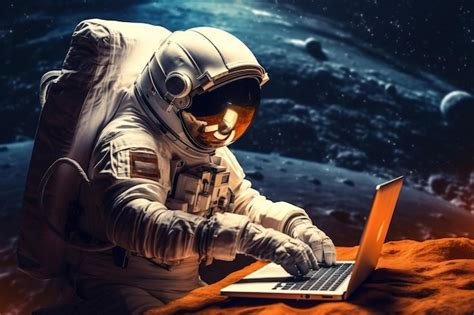 Premium Ai Image Astronaut Working On Laptop In Outer Space Ai