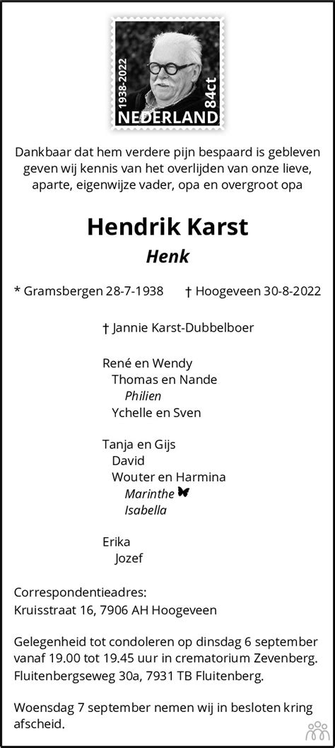 Hendrik Henk Karst 30 08 2022 Overlijdensbericht En Condoleances