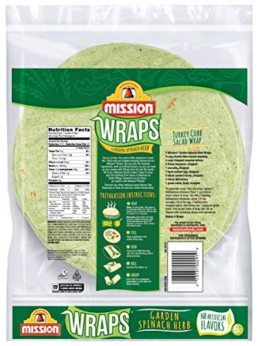 Mission Garden Spinach Herb Wraps Soft Veggie Wraps Trans Fat Free 6