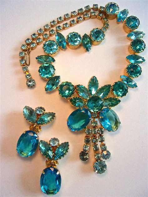 Aqua Juliana D E Rhinestone Necklace Earrings Set Gold Plated Vintage