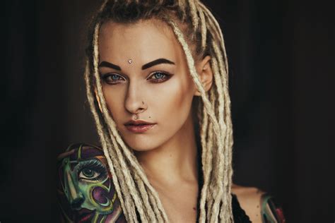 Blue Eyes Pierced Lip Tattoo Tanned Anastasia Sheina Dreadlocks