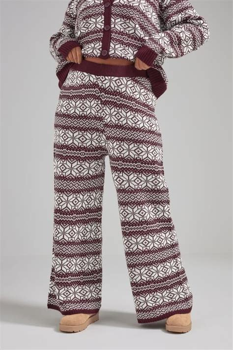 Limited Collection Plus Size Burgundy Red Fairisle Wide Leg Trousers