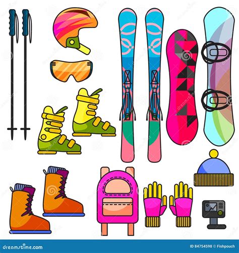 Ski And Snowboard Color Equipment Vector Line Icon Set Stock Vector