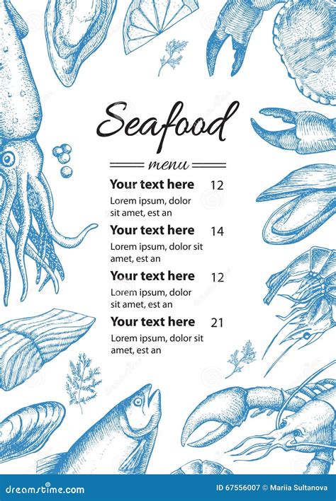 Vector Vintage Seafood Restaurant Menu Illustration Hand Drawn Stock