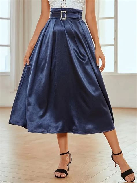 Pleated Satin Swing Midi Skirts Elegant Solid High Waist Temu