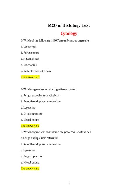 Solution Mcq Of Histology Test Cytology Quesitions And Answers Studypool