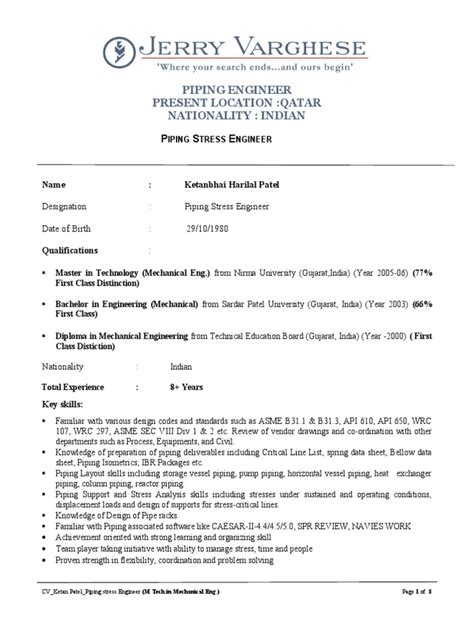 Piping Engineer, Ketanbhai Harilal Patel | PDF