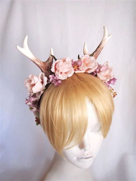 4 Antlers Headband With Pale Pink Roses Woodland Fawn Etsy Pale