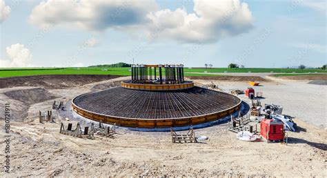 Construction Site Foundations Of Wind Turbines With Concrete And Steel