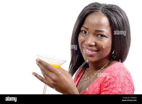 Beautiful African Woman Drinking Orange Juice Stock Photo Alamy