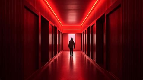 Premium Ai Image A Man Walking Down A Dark Hallway With A Red Light