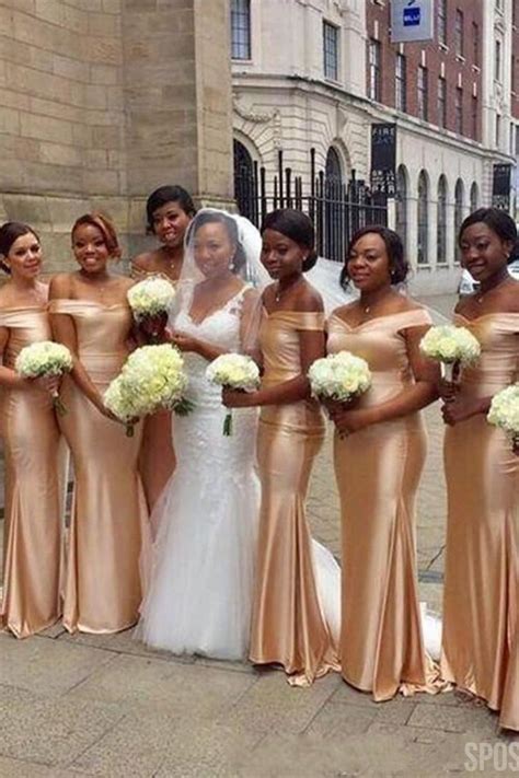 Gold Mermaid Off The Shoulder Sweetheart Long Bridesmaid Dresses Gown