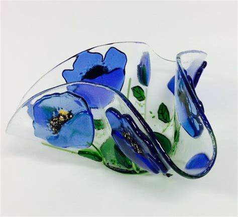 Fused Glass Candle Holdervotive Blue Poppies By Cdchilds On Etsy