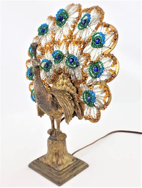 Art Deco Czech Cast Metal And Beaded Glass Figural Peacock Table Or Accent Lamp At 1stdibs