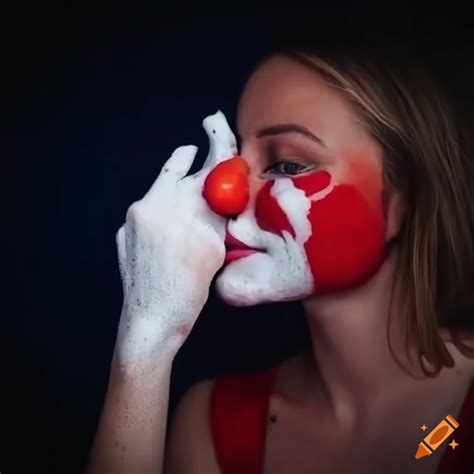 Blonde Woman With Red Clown Nose Covered In Shaving Foam At A Circus On