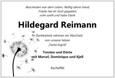 Traueranzeigen Von Hildegard Reimann Sh Z Trauer