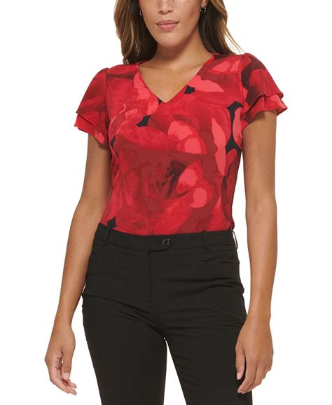 Calvin Klein Petite Floral Print Flutter Sleeve Top Macys