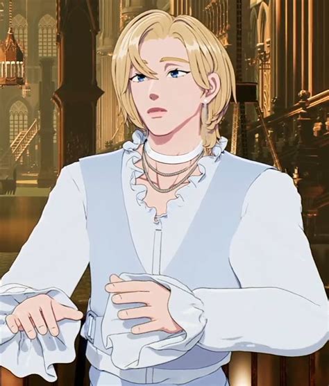 An Anime Character With Blonde Hair Wearing A White Shirt And Blue Vest Standing In Front Of A