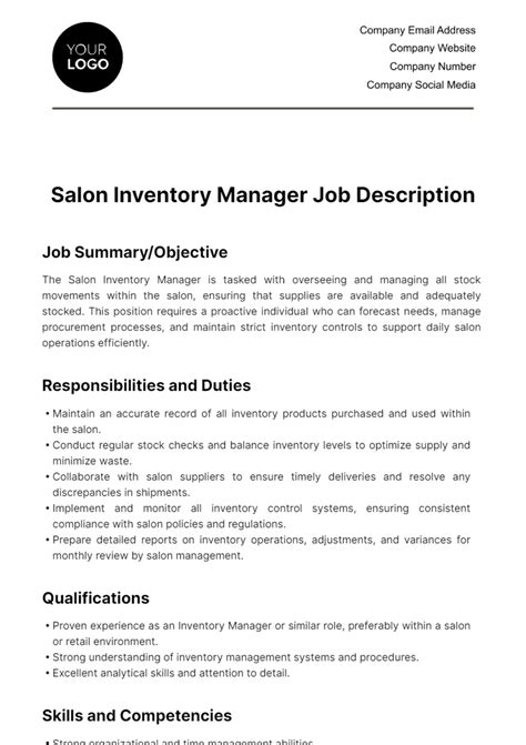 Salon Inventory Manager Job Description Template Edit Online And Download Example