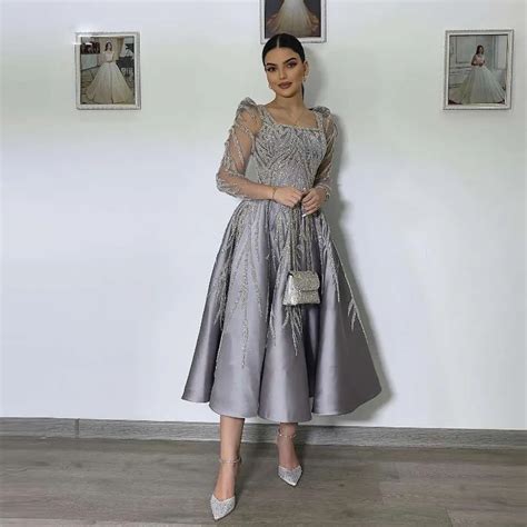 Elegant Tea Length Gray Prom Dress With Beading Square Neckline And