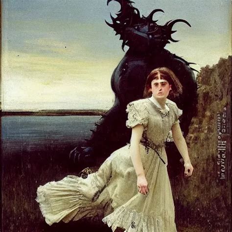 Young Victorian Woman Fighting A Monster By Alfred Stable Diffusion