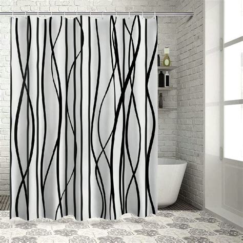 Shangniulu Black And White Striped Wavy Line Fabric Shower Curtain For