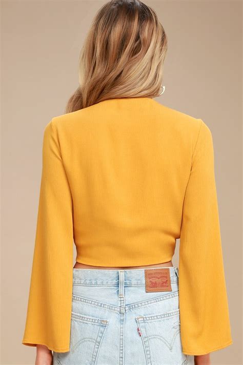 Chic Tie Front Top Crop Top Long Sleeve Top Yellow Top