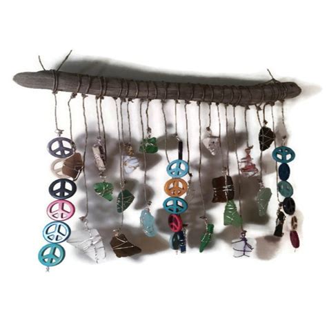 Sea Glass Sun Catcher Boho Wind Chime Peace And Love Driftwood Hanging Mobile