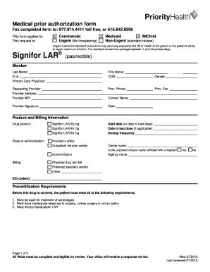 Fillable Online Priorityhealth Signifor Lar Prior Authorization Form