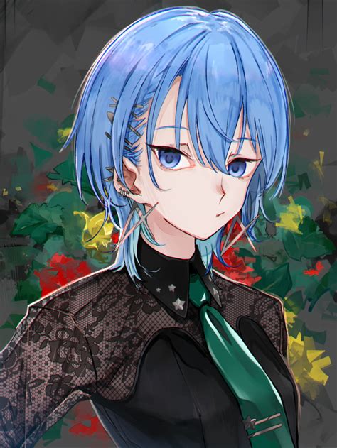 Safebooru 1girl Absurdres Blue Eyes Blue Hair Breasts Ear Piercing Earrings Hair Ornament