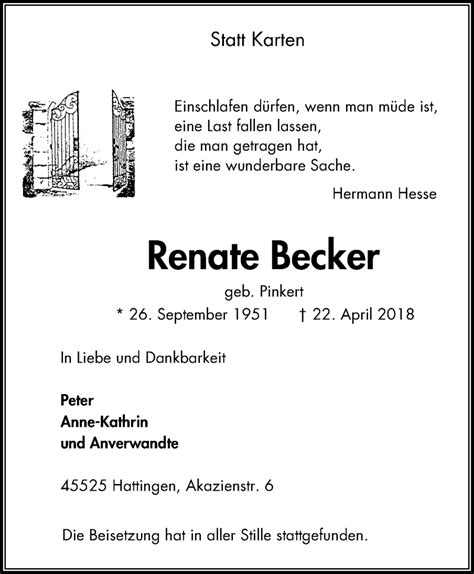 Traueranzeigen Von Renate Becker Trauer In Nrw De