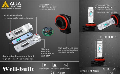 Alla Lighting 3800lm H16 H11 H8 LED Fog Lights Or DRL Bulbs 3000K