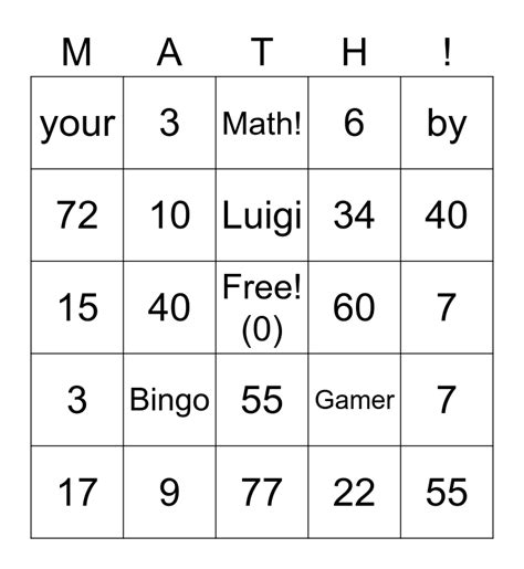 Math Bingo Card