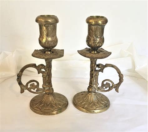 Brass Candlesticks Vintage Brass Candle Holders With Handles Etsy Vintage Candle Holders