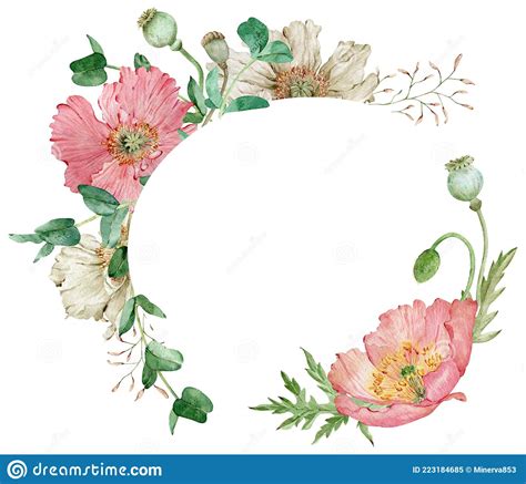 Watercolor Beautiful Floral Wreath With Pink And Beige Poppy Flowers