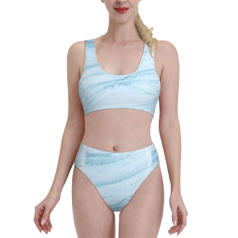 Adobk Blue Marble Print Women High Waisted Bikini Set Sports Swimsuit