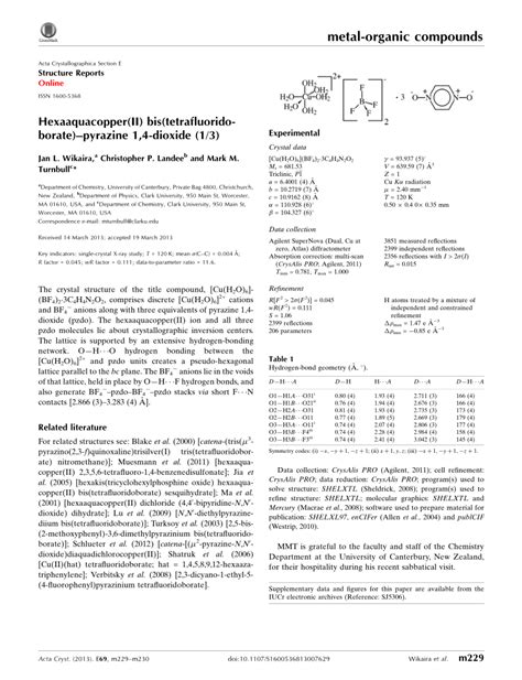 Pdf Hexaaqua­copperii Bis­tetra­fluorido­boratepyrazine 14 Dioxide 13