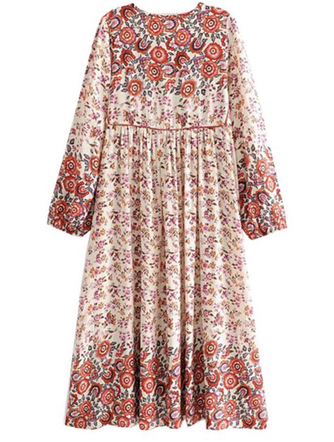 Robe mi longue imprimée fleurs hippie boho bohème chic DRESSL1700