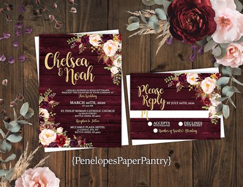 Rustic Burgundy Floral Fall Wedding Invitationburgundy - Etsy