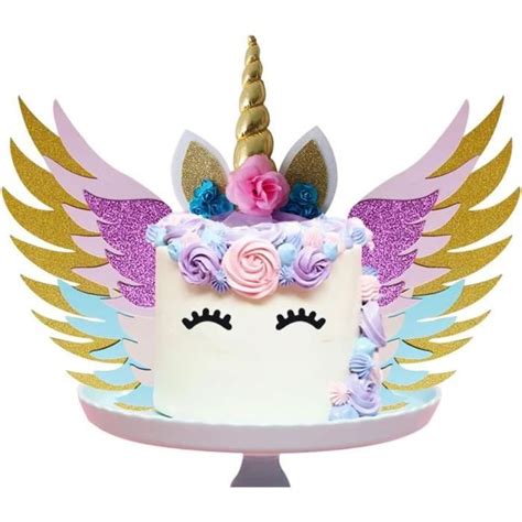 Licorne Cake Topper Set Avec Ailes Corne De Licorne De Paillettes D Or