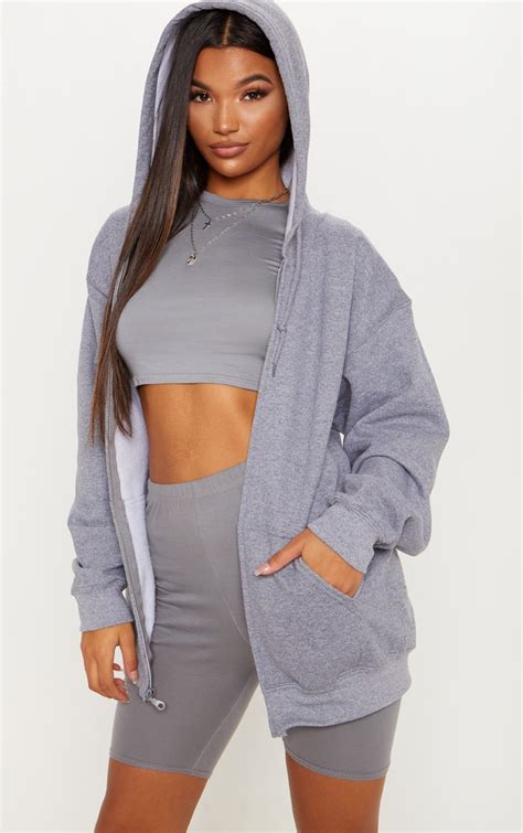 Grey Fleece Zip Up Hoodie Tops Prettylittlething