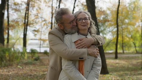 Retired Mature Old Man Hug Woman From Behind Affectionate Husband