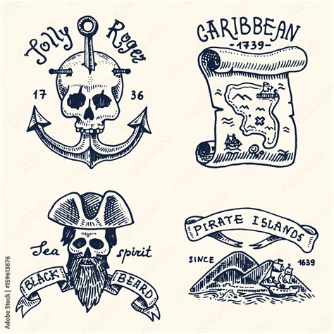 set of engraved, hand drawn, old, labels or badges for corsairs, skull ...