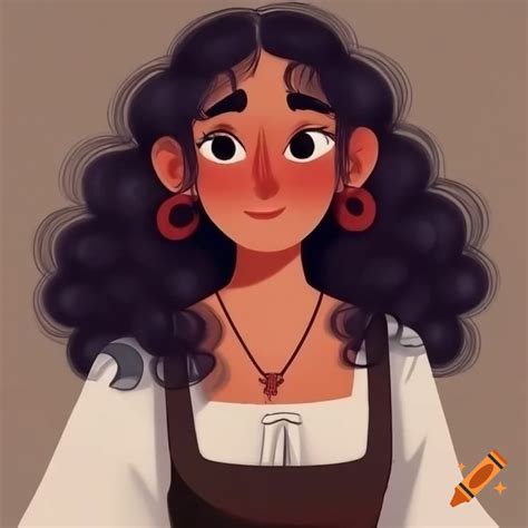 Midsize Medieval Peasant Woman With Long Dark Curly Hair Smiling In A