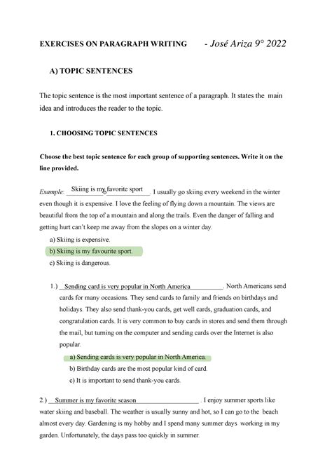 Exercises ON Paragraph Writing A Topic S 1 EXERCISES ON PARAGRAPH