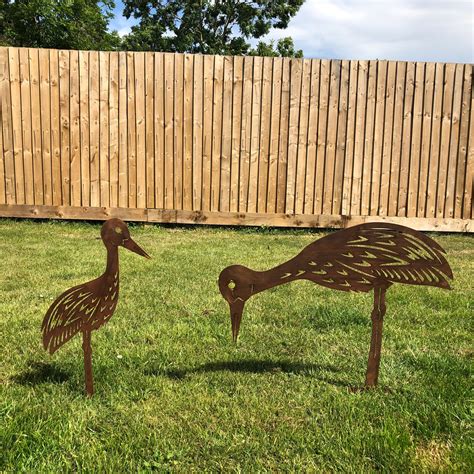 2 Rusty Metal Birds Garden Ornaments Heron Garden Features Etsy Uk